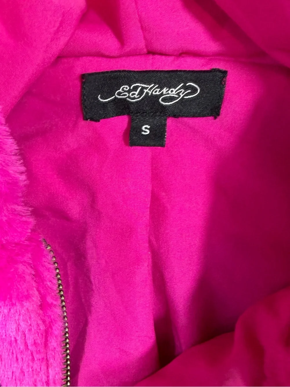 Ed Hardy Hot Pink Faux Fur Cropped Hooded Jacket with Black Panther Motif